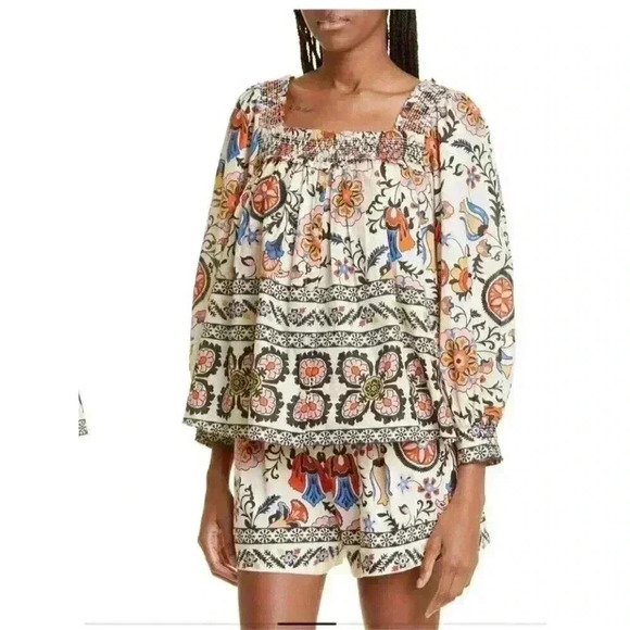 NWT Cara Cara Charleston Square Neck Blouse in Turtledove Botanical Size Large - Picture 2 of 14